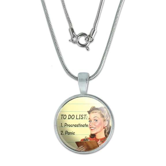 To Do List Procrastinate Panic Funny Humor 0.75" Pendant with Sterling Silver Plated Chain