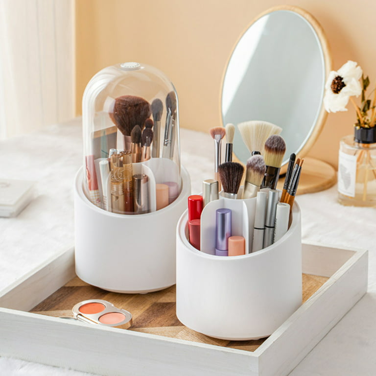 360-Degree Rotating Makeup Brush Holder Cosmetics Organizer With Lid for  Vanity Multi-Functional Pen Holder Storage Cup for Lips