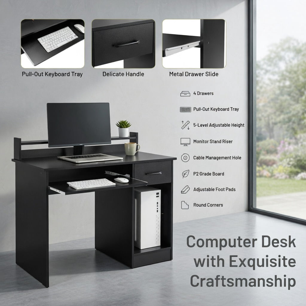 Topcobe Study Laptop Table with Drawer and Keyboard Tray, Desks for Bedrooms, Ideal for Working and Studying, Black