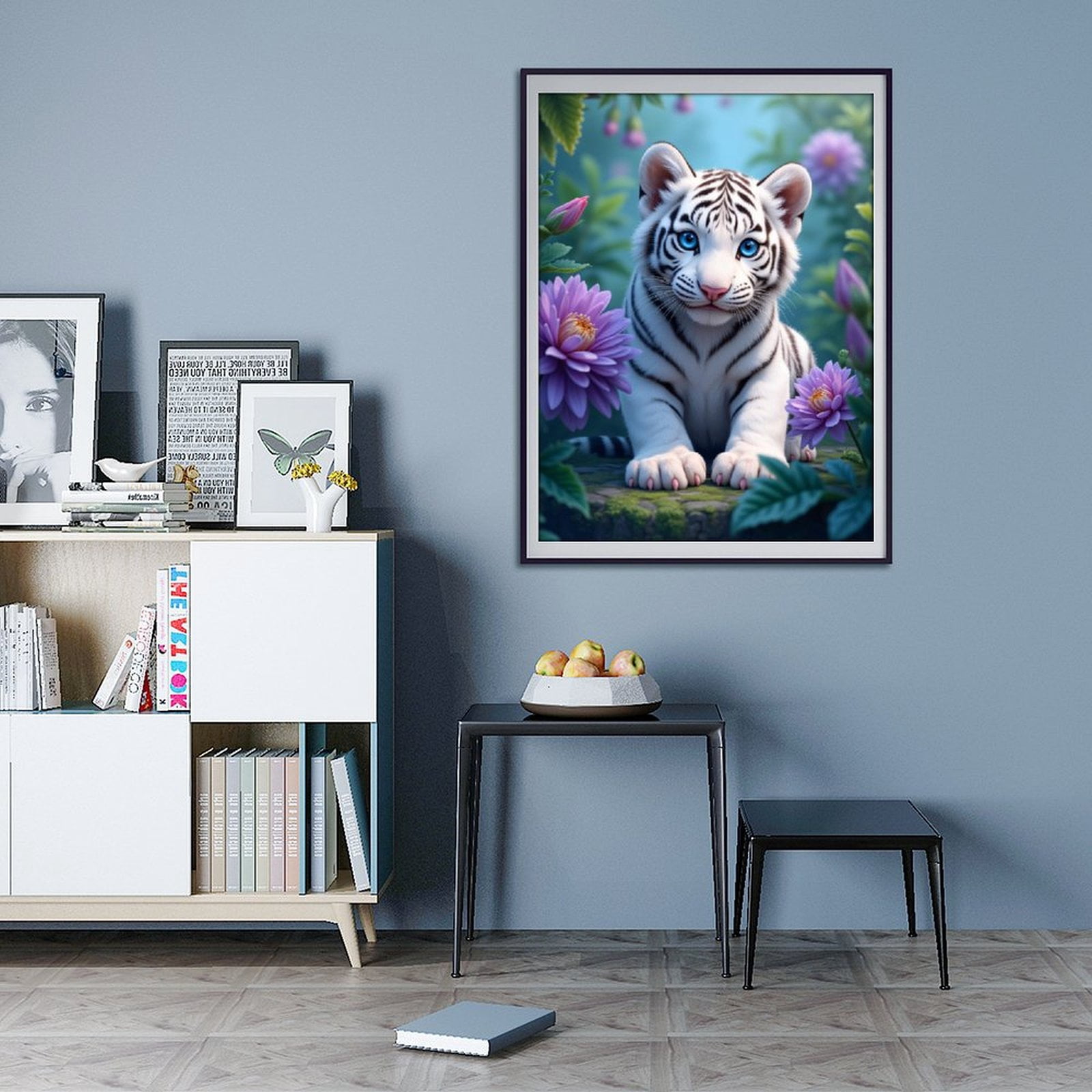 Diamond Art Kit for Adults, White Tiger Cub Amidst Blossoms Diamond Painting for Adults Beginners, DIY Diamond Art Painting Kits, 5D Diamond Painting Crafts for Home Decor 12x16 Frameless