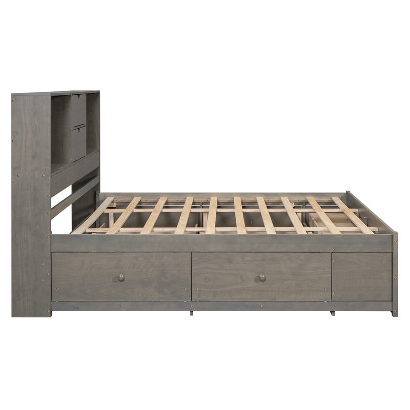 King Size Platform Bed with Bookcase Headboard, Storage Wooden Bed Frame with 8 Drawers