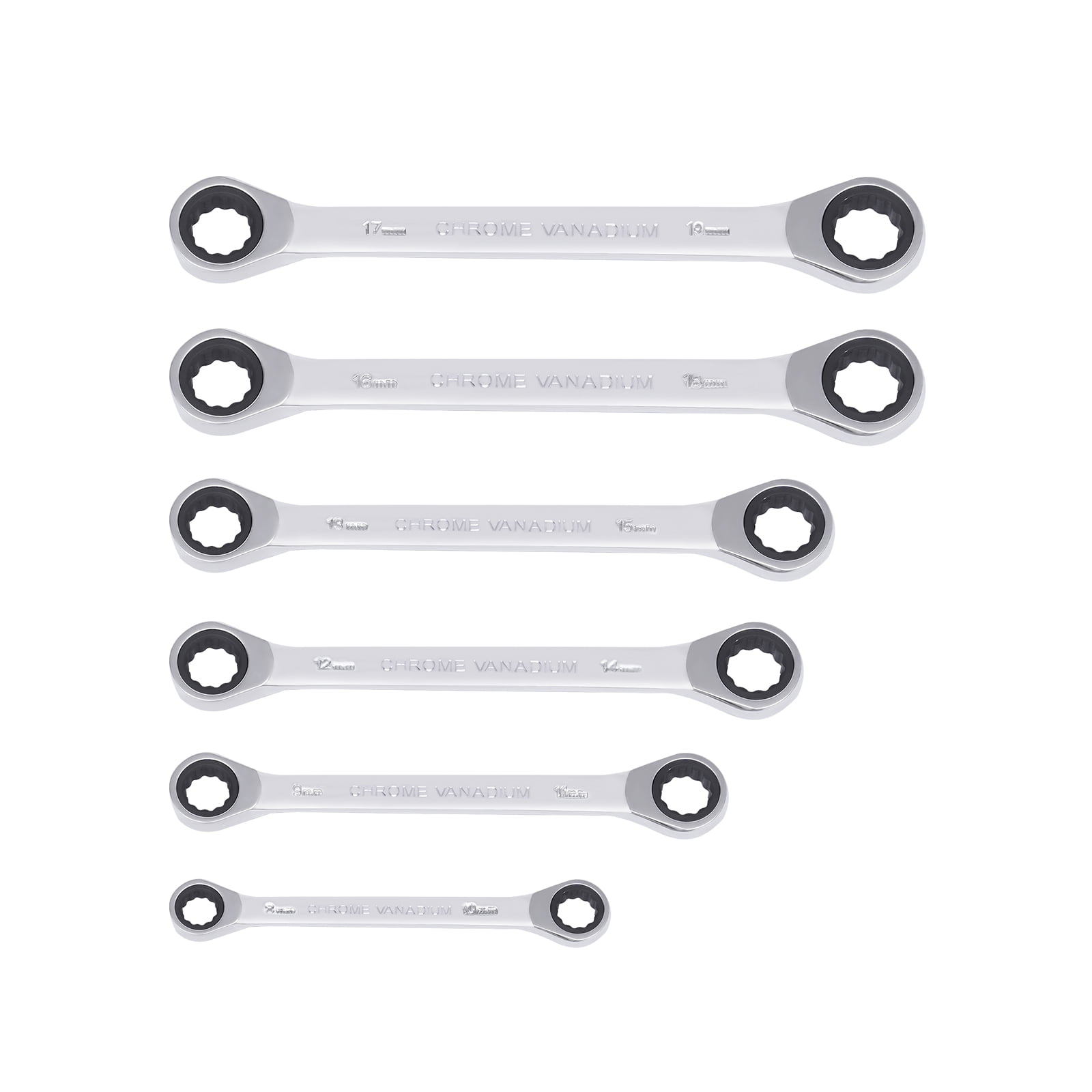 6-Piece Flex-Head Extra Long Ratcheting Wrenches Double Box End  45#Steel 72-Tooth Wrench Set with Metric 8mm - 19mm