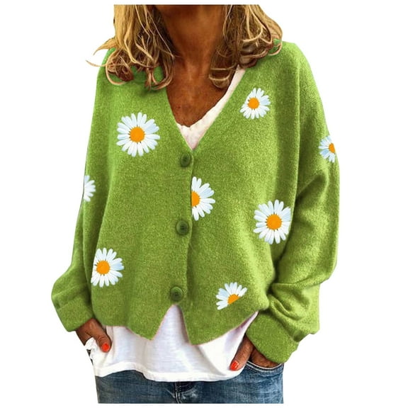 felwors Daisy Flower Cardigan Sweater for Women Aesthetic 90s Button Down Long Sleeve Open Front Cute Knit Sweaters Green, S