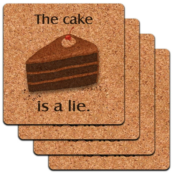 The Cake is a Lie Piece of Dessert Gamer Low Profile Cork Coaster Set