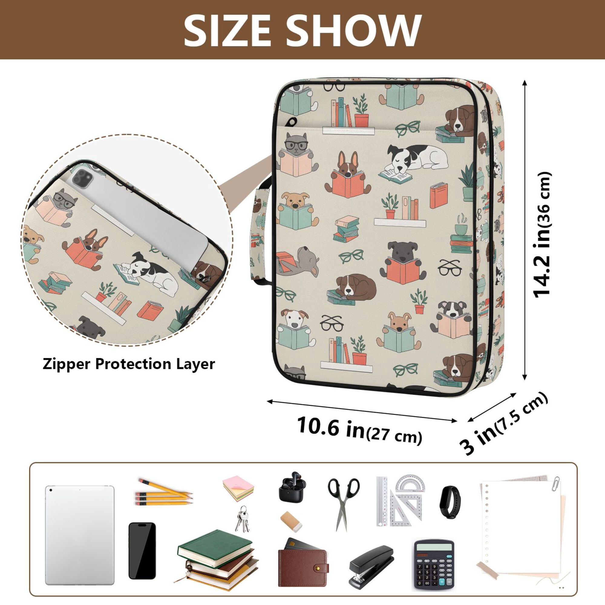 FORMRS Accordion File Folder A4 Size 7-Pocket Expanding Document Organizer Bag with 3 Ring Binder, Cartoon Dog Reading Pattern