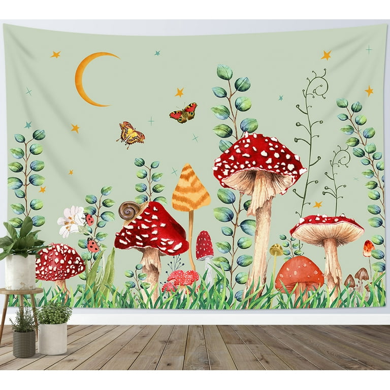 Mushroom Tapestry for Bedroom Aesthetic Vintage Butterfly Star and Moon on Sage Green Wall Tapestry Green Plant Floral Botanical Tapestry Wall Hanging