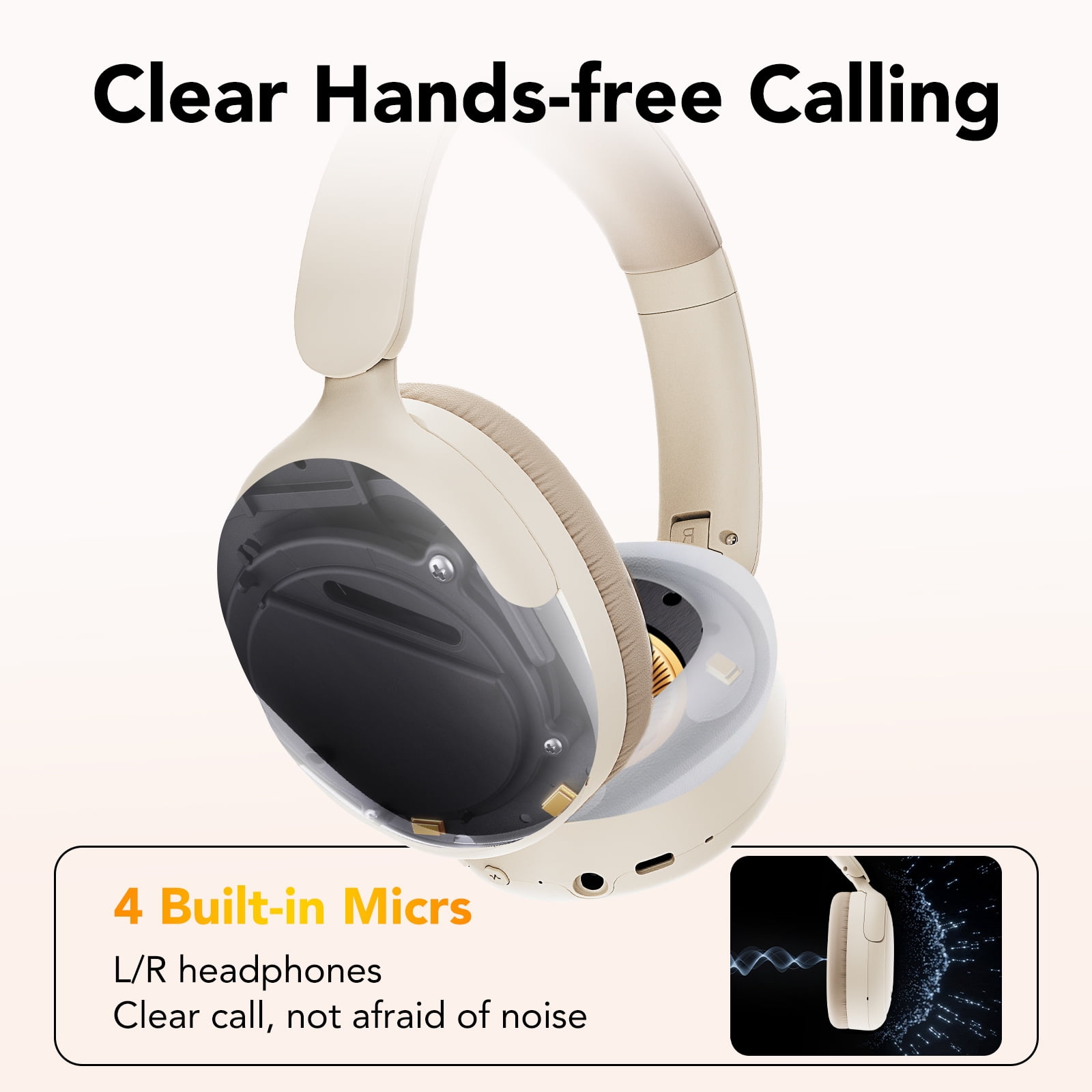 Hybrid Active Noise Cancelling -45dB, Bluetooth Headphones 5.4, 50H Playtime, Clear Call with 4 Mics, Bass Boosted by 90%, Comfort Fit Over Ear Headphones for Travel Home Office PC Beige