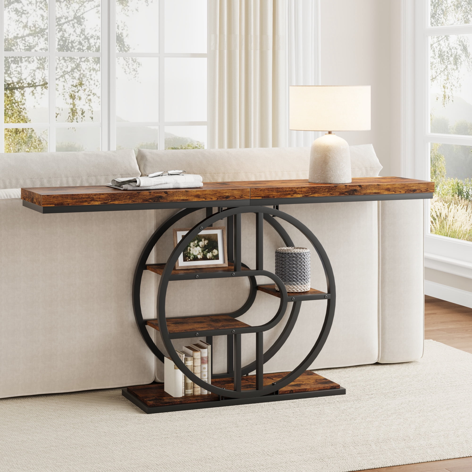 Console Table 55 Inch, Sofa Table with 3-Tier Storage Shelves and O-Shaped Metal Frame, Narrow Entryway Table for Dining Room, Hallway & Living Room