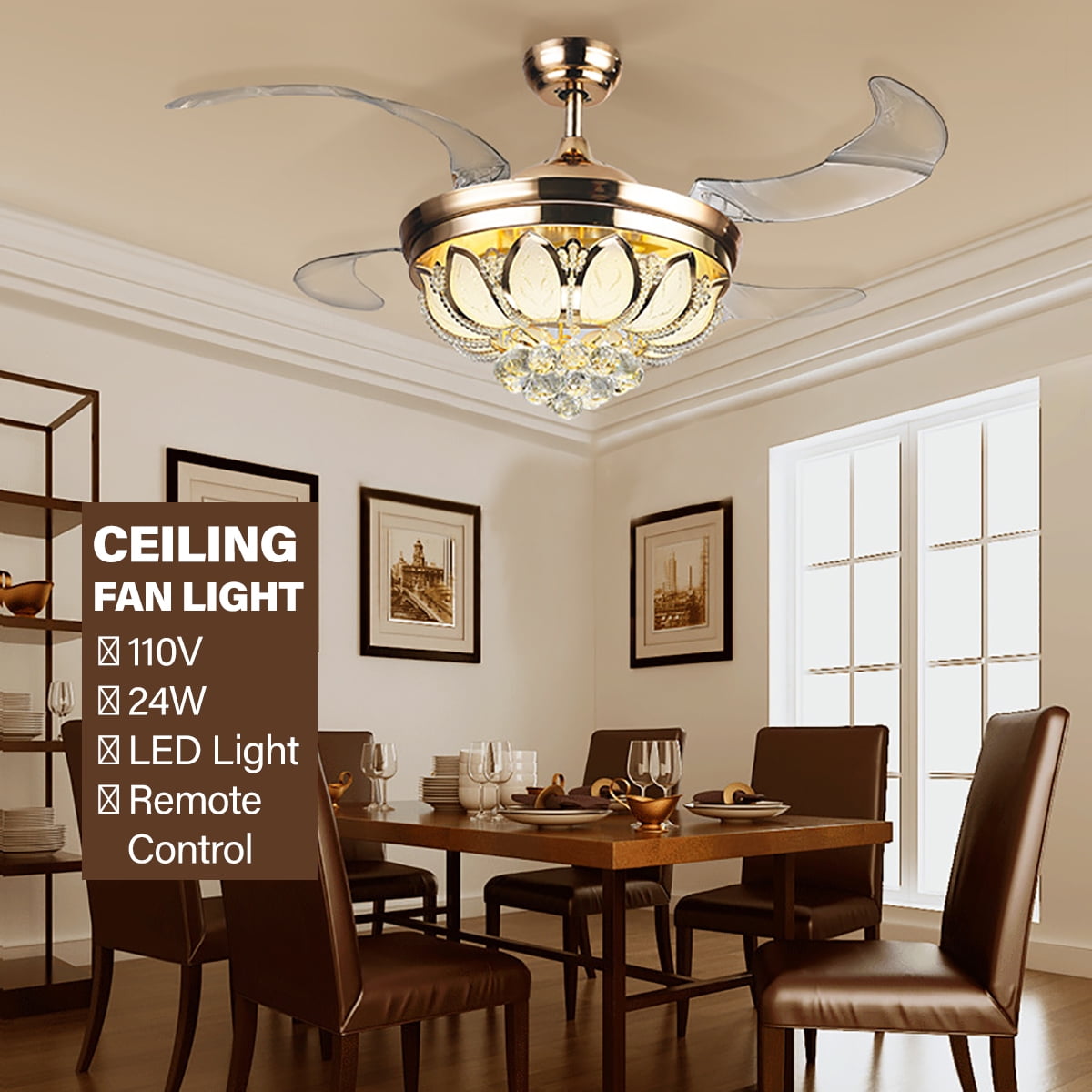 36" Retractable Blade Ceiling Fan Light LED Chandelier Dining Room Lamp+Remote 