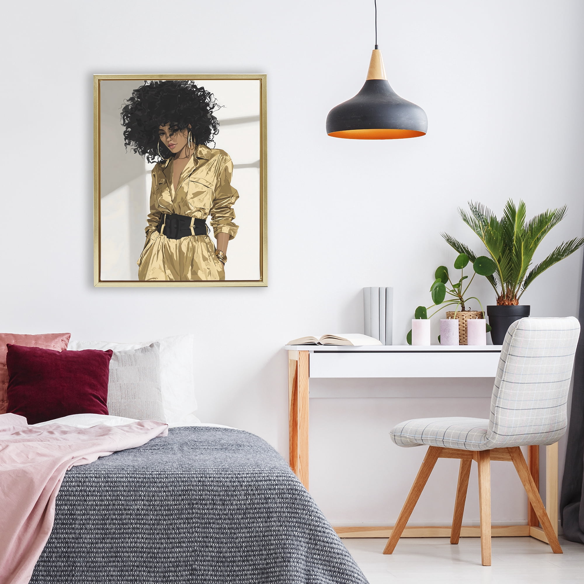 Stupell Industries Elegant Woman in Chic Jumpsuit Gold Framed Floater Canvas Wall Art, design by Franklyn Gregory