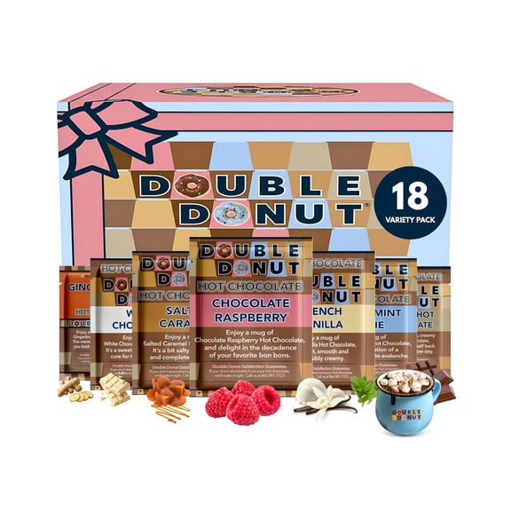 Double Donut Coffee Flavored Hot Chocolate Packets Variety Pack,18 Count Includes Classic, Chocolate Raspberry, Salted Caramel & Peppermint