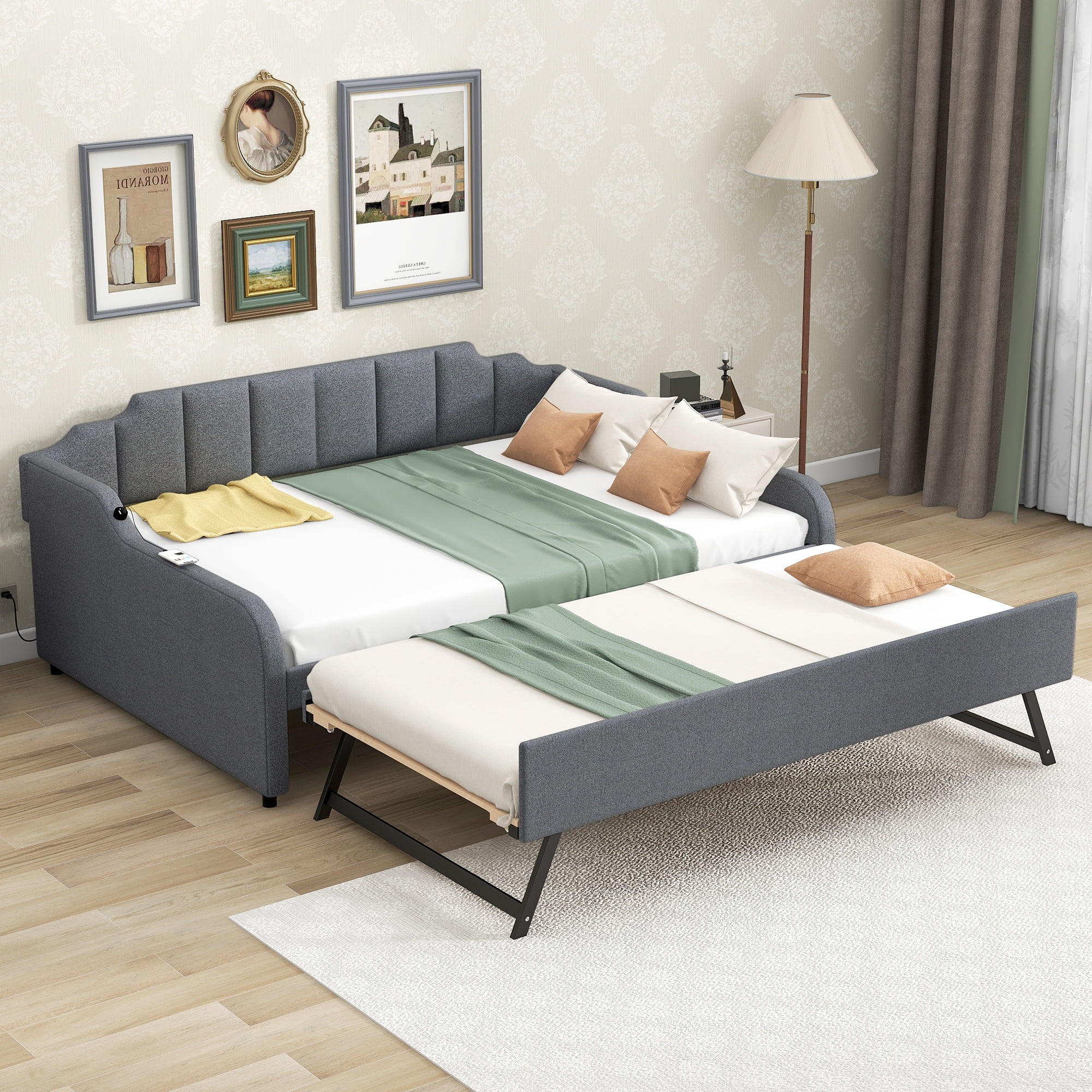 Euroco Full Size Daybed with Trundle, Upholstered with Padded Back for Kids, Gray