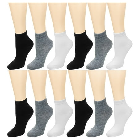 12 Pairs Assorted Colors Women s Ankle Socks Size 9-11 Black Grey White