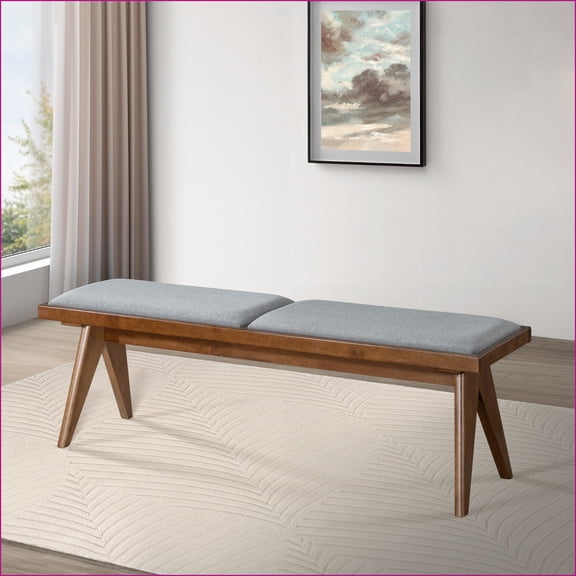 Accent Bench | Mid-Century Modern Solid Wood | Light Gray Fabric | Walnut Brown Legs | 51.18x14.17 Inches | Entryway/Bedroom/Dining/Living | Light Gray | Fabric