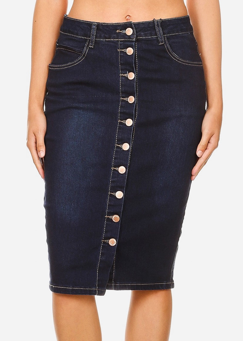 high waisted knee length denim skirt