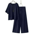 thumbnail image 2 of Caywon Women Summer Loose Linen Blend 3 Quarter Sleeve Top and Pants Solid Color Set Casual Outwear Comfort Navy L, 2 of 5