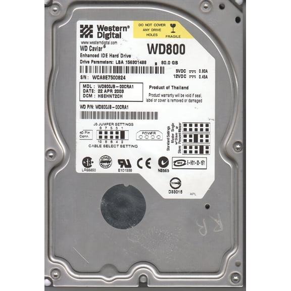 WD800JB-00CRA1, DCM HSEHNT2CH, Western Digital 80GB IDE 3.5 Hard Drive