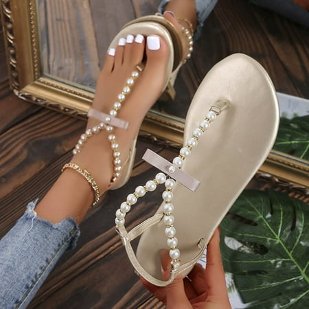 

Cathalem Ladies Fashion Summer Ribbon Pearl Flip Flops Outer Flat Casual Sandals Christmas Slippers Women Gold 6.5