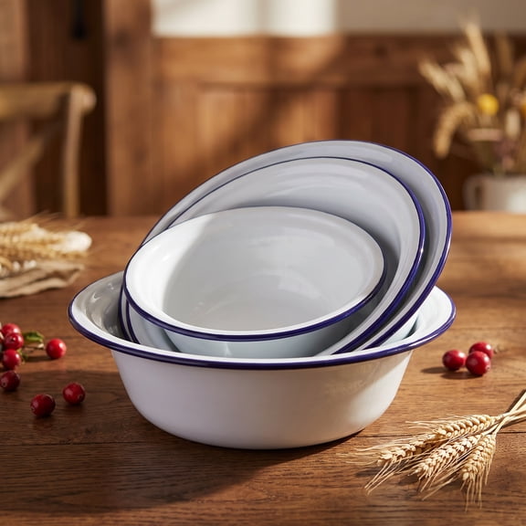 OUNONA White Enamel Bowls 4Pcs Vintage Kitchenware Stackable and Stable