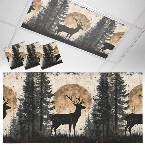 3 Pack Deer Fluorescent Light Covers for Ceiling Lights Elk Silhouette Forest Vintage Magnetic Ceiling Light Covers Overhead Light Filters for Office Classroom Home