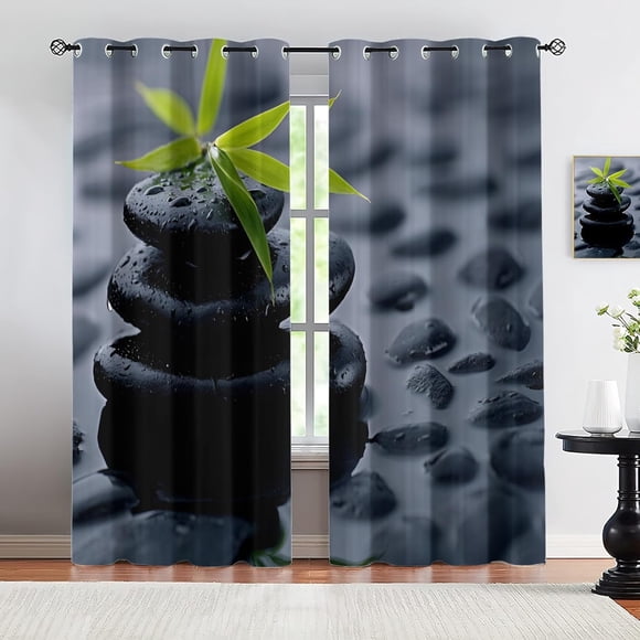 Zen Stone Bamboo Leaf Blackout Curtains, Meditation Style Grommet Window Drapes for Living Room Bedroom Kitchen Home Decor 26"W x 63"L (Pack of 2)