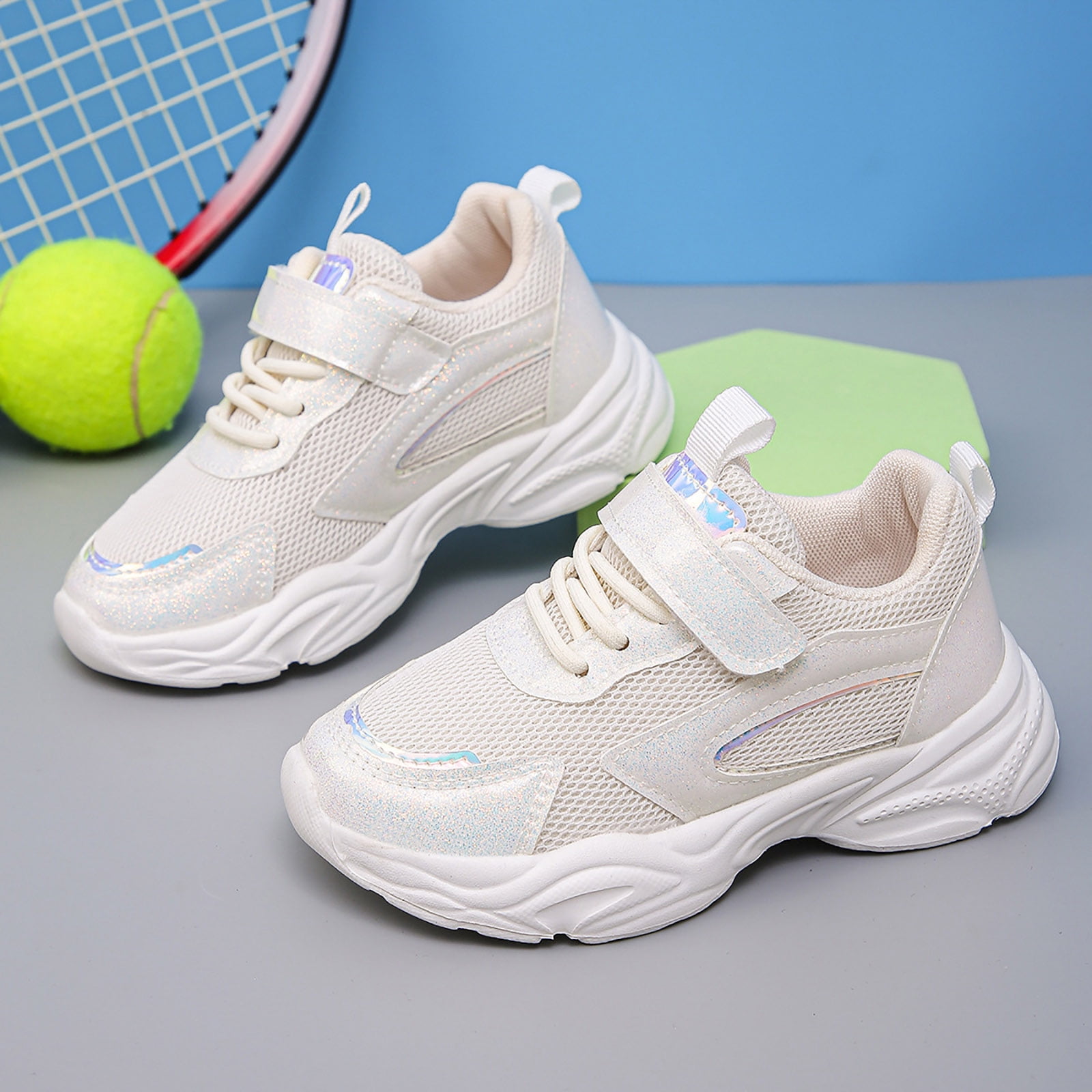 Ymyiu Girls Running Shoes Toddler Kids Sneakers Glitter Walking Shoes with Hoop and Loop (White,12)