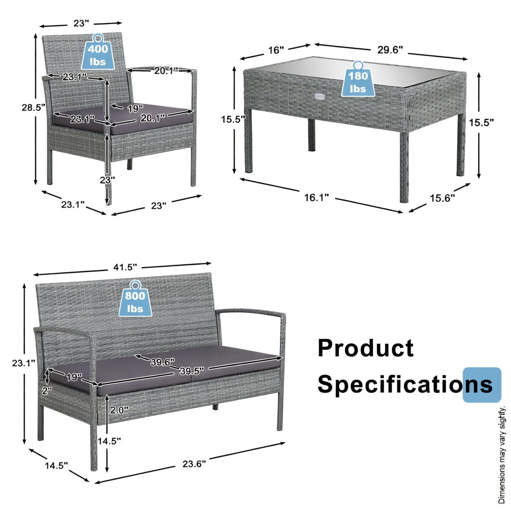 Hommoo 4-Piece Outdoor Rattan Patio Conversation Set with Steel Frame, Thick Cushions & Tempered Glass Coffee Table for Backyard, Poolside & Balcony, Gray