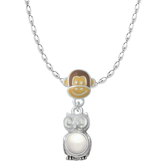 Delight Jewelry Silvertone 3-D Imitation Pearl & Clear Crystal Owl Mia Monkey Charm Necklace
