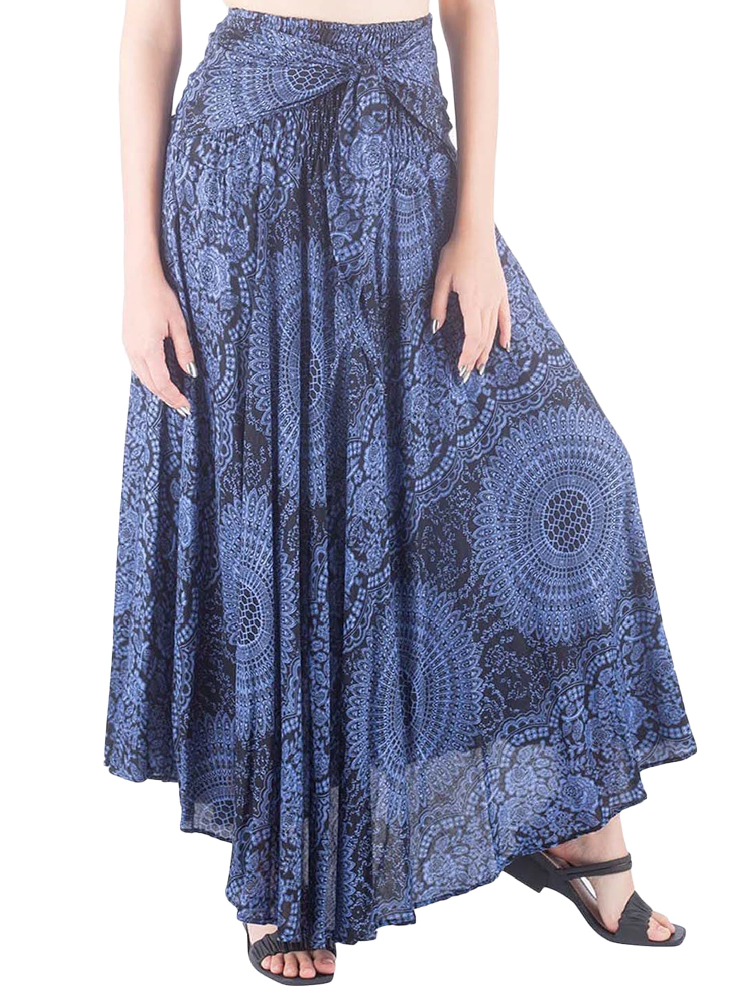 EXCHIC Women's Bohemian Style Print/Solid Elastic Waist Long Maxi Skirt 