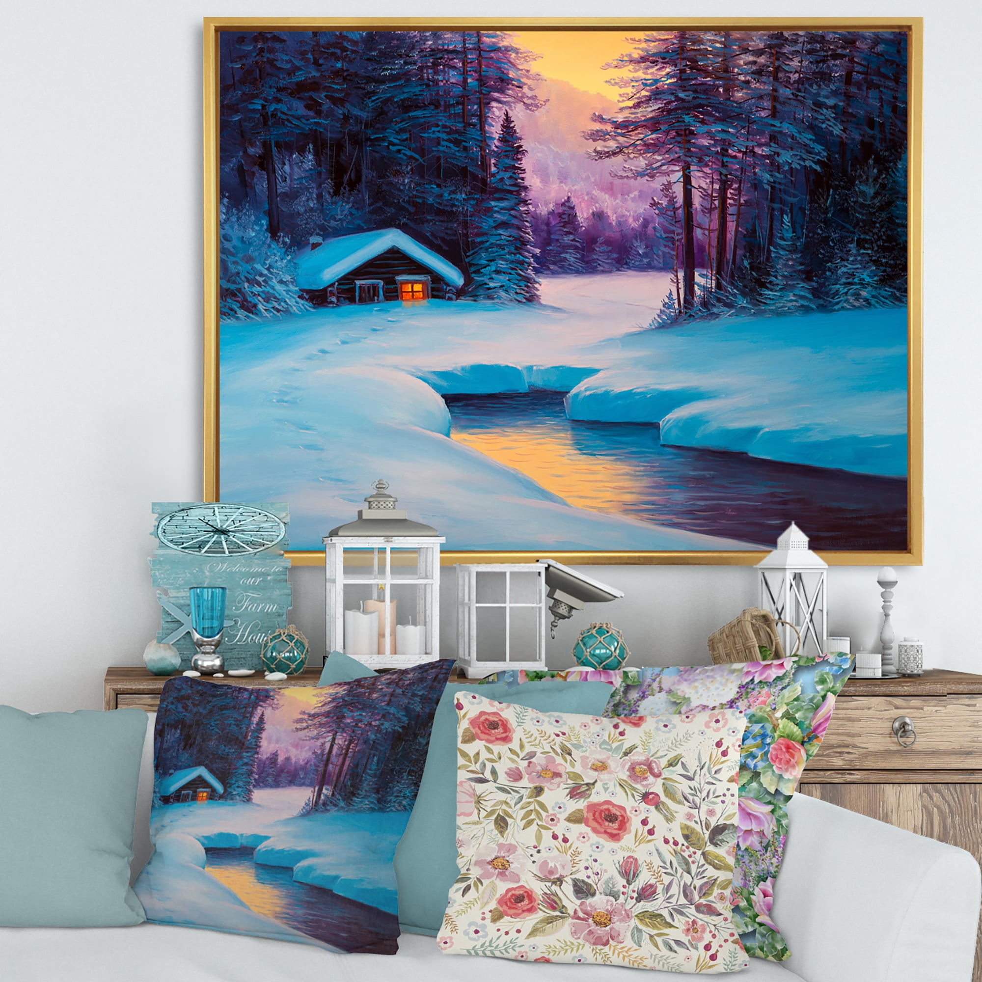 Designart 'Old Cabin In Winter Forest In Evening Glow II' Traditional Framed Canvas Wall Art Print