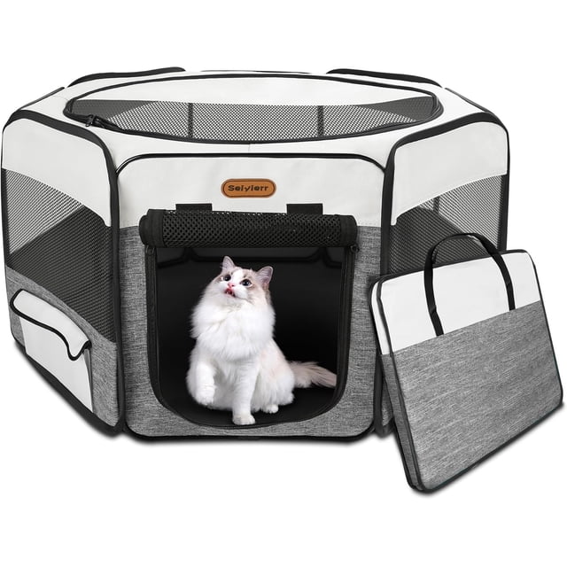 Dog Playpen Portable Pet Playpen Puppy Playpen Cat Playpen with Carrying Case Dog Playpen for Small Dogs Indoor/Outdoor Removable Mesh Shade Cover