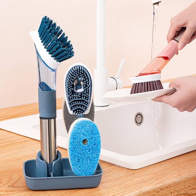 Amdohai Brosse à Vaisselle avec Distributeur de Savon Vert, Récurant en Silicone avec Inox