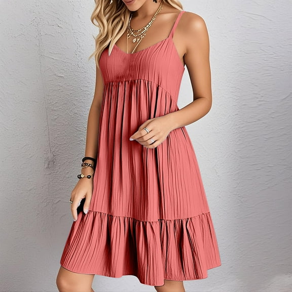 Womens Summer Dresses New Ladies' Summer V-Neck Strap Solid Color Dress Red S-3Xl