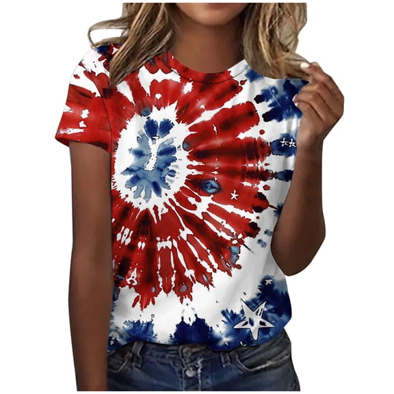 Levmjia Women's 4th of July T-Shirt Patriotic Tie Dye American Flag Star Print Short Sleeve Crew Neck Summer Top for Independence Day Holiday Party Daily