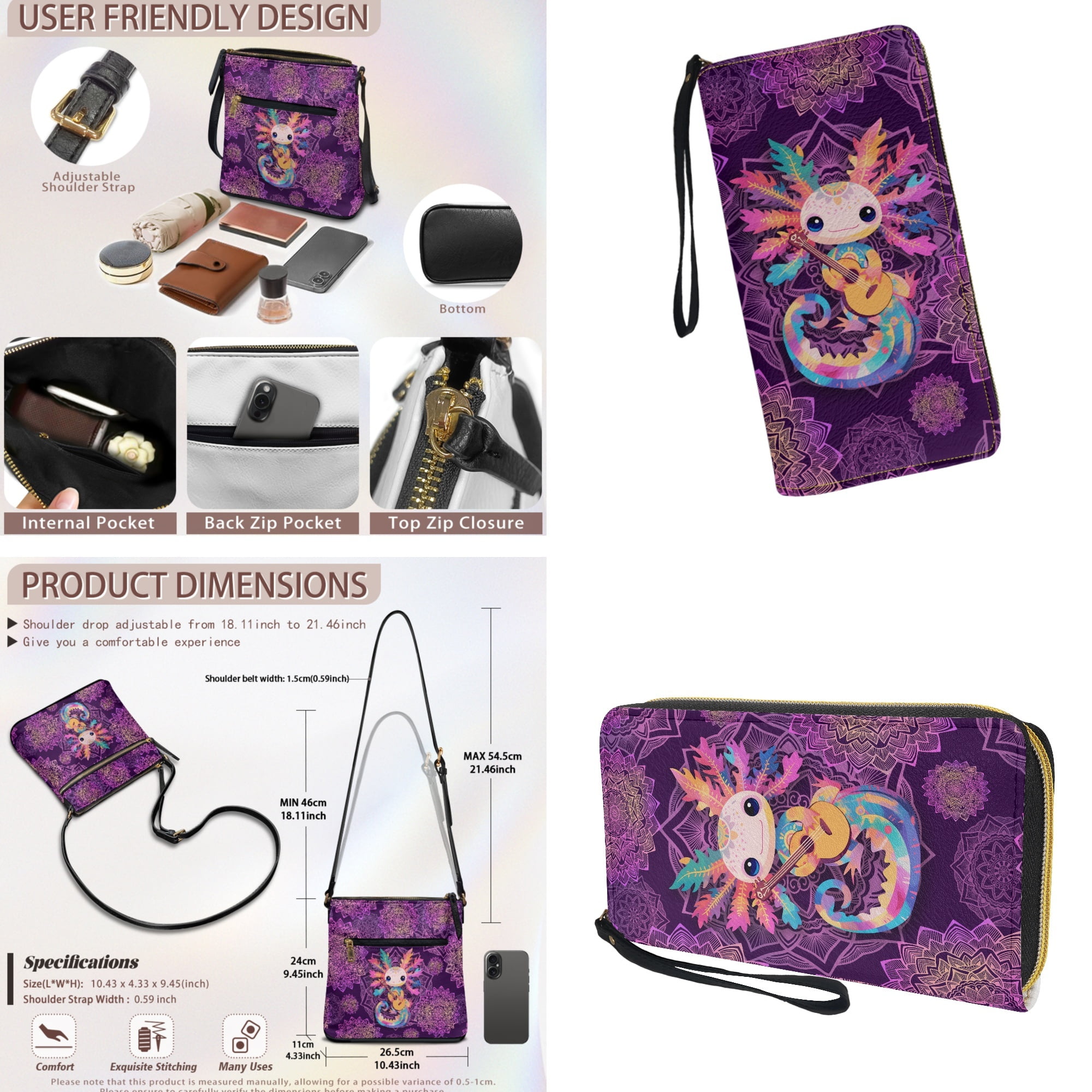 ZUXONGSY Boho Mandala Axolotl Guitar Print sPU Leather Crossbody Bag & Wallet Set for Women, Spacious Satchel Hobo Purse with Adjustable Strap for Travel, Work & Casual Outings