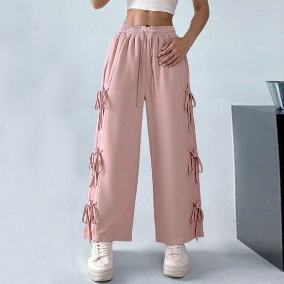 Women's Casual Sweatpants Drawstring Elastic High Waist Straight Leg Side Bow Trousers Baggy Lounge Sports Pants (S, Pink)