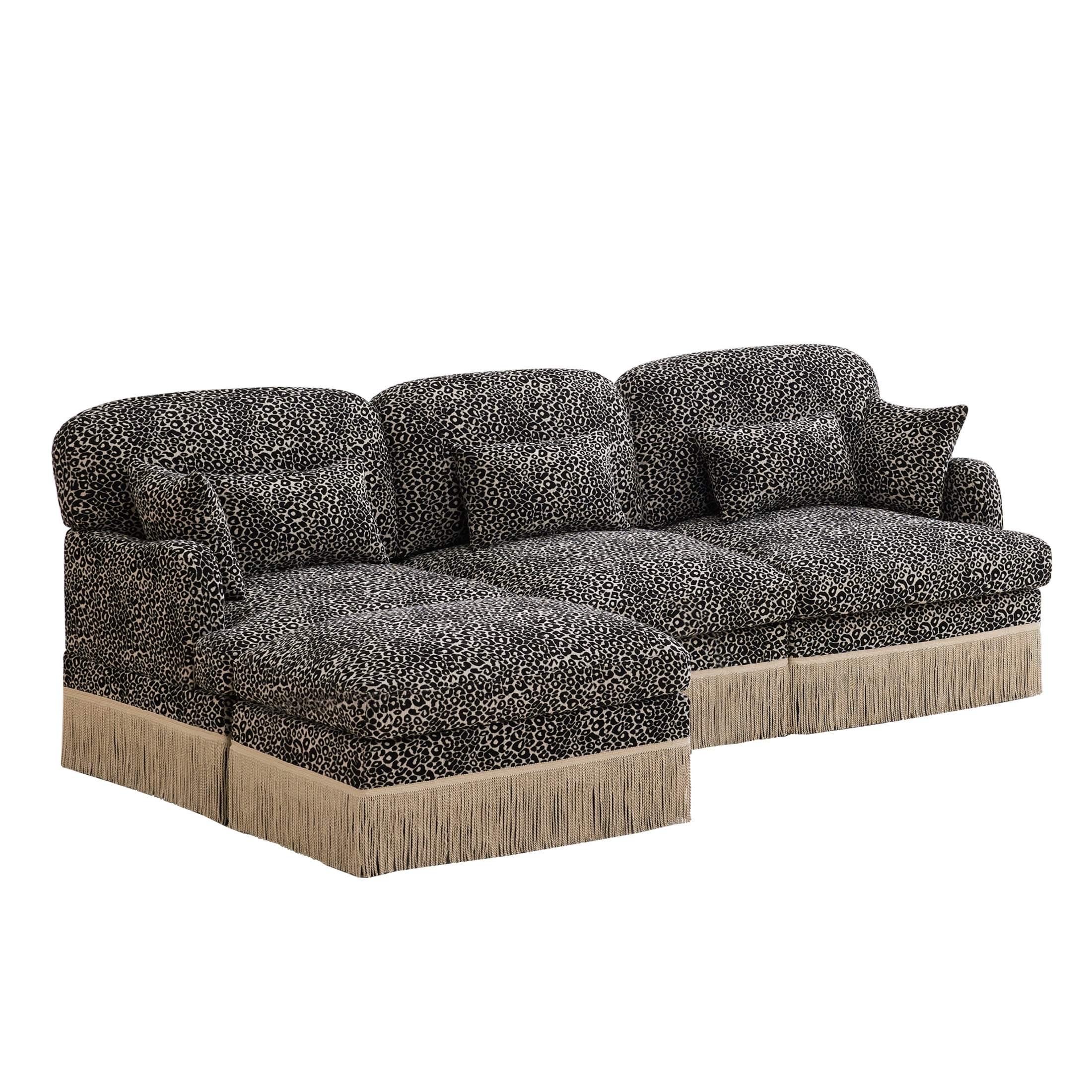 Noble House Carola Leopard Print Chenille 3-Seater Sofa, Modular Sectional Couch with Ottoman and Tassel Trim, Khaki