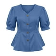 thumbnail image 5 of jtjvou Womens Puff Short Sleeve Shirts Lightweight Summer Button Down V Neck Shirt Business Casual Work Blouse Tunic Tops Blue XL, 5 of 7