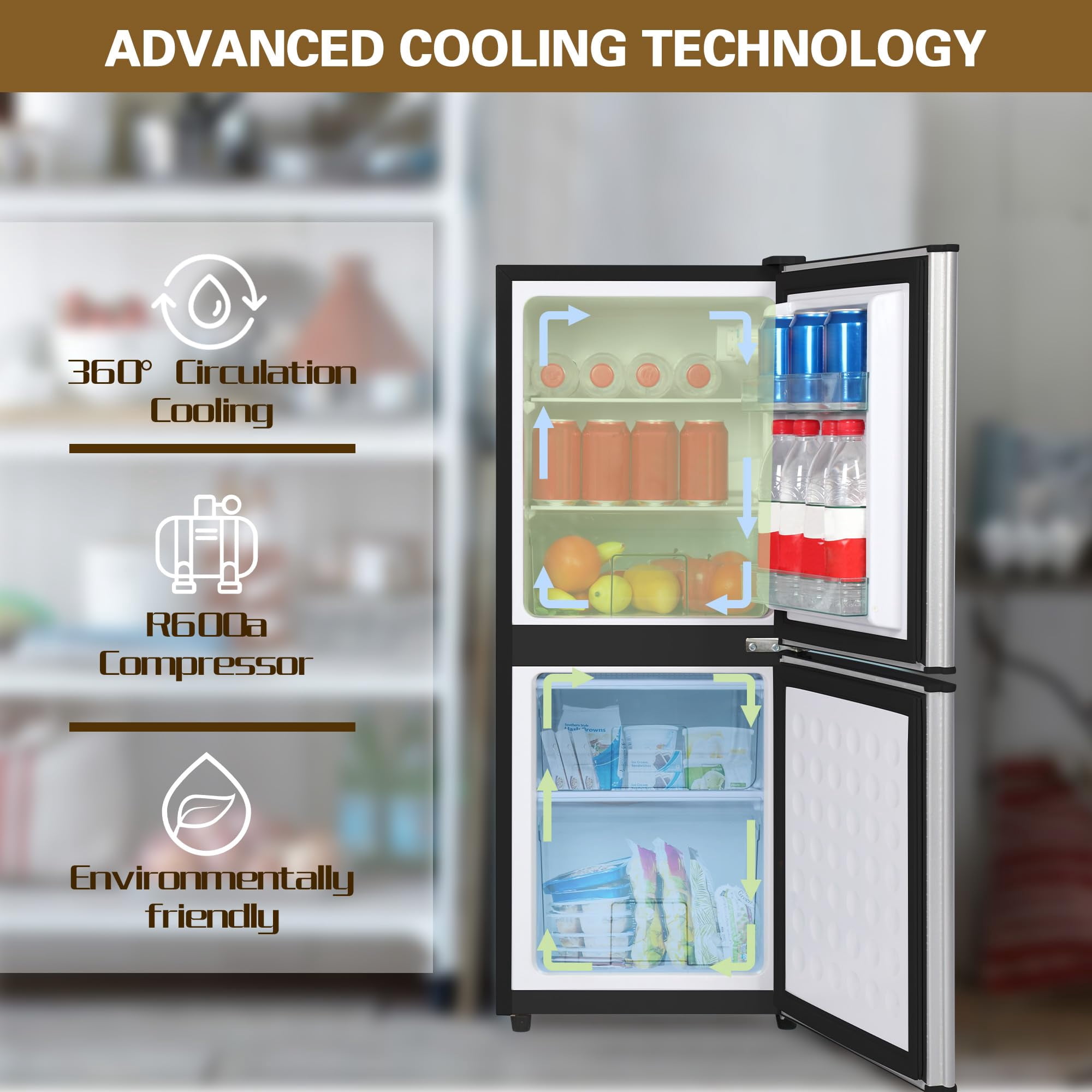 4.2 Cu.Ft Small Fridge with Freezer, 7 Level Adjustable Thermostat, 2 Door Design, Removable Glass Shelves, Quiet 38dB Energy Saving for Dorm Office Kitchen, Silver