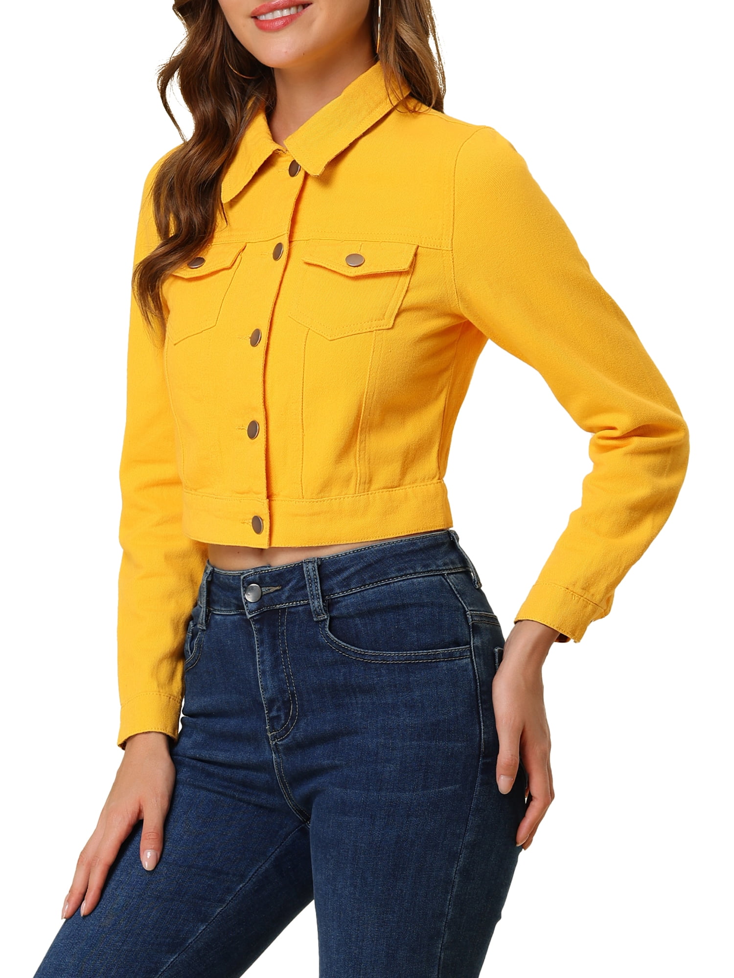 DARING DIVA Women's Button Down Long Sleeve Cropped Denim Jacket S Yellow