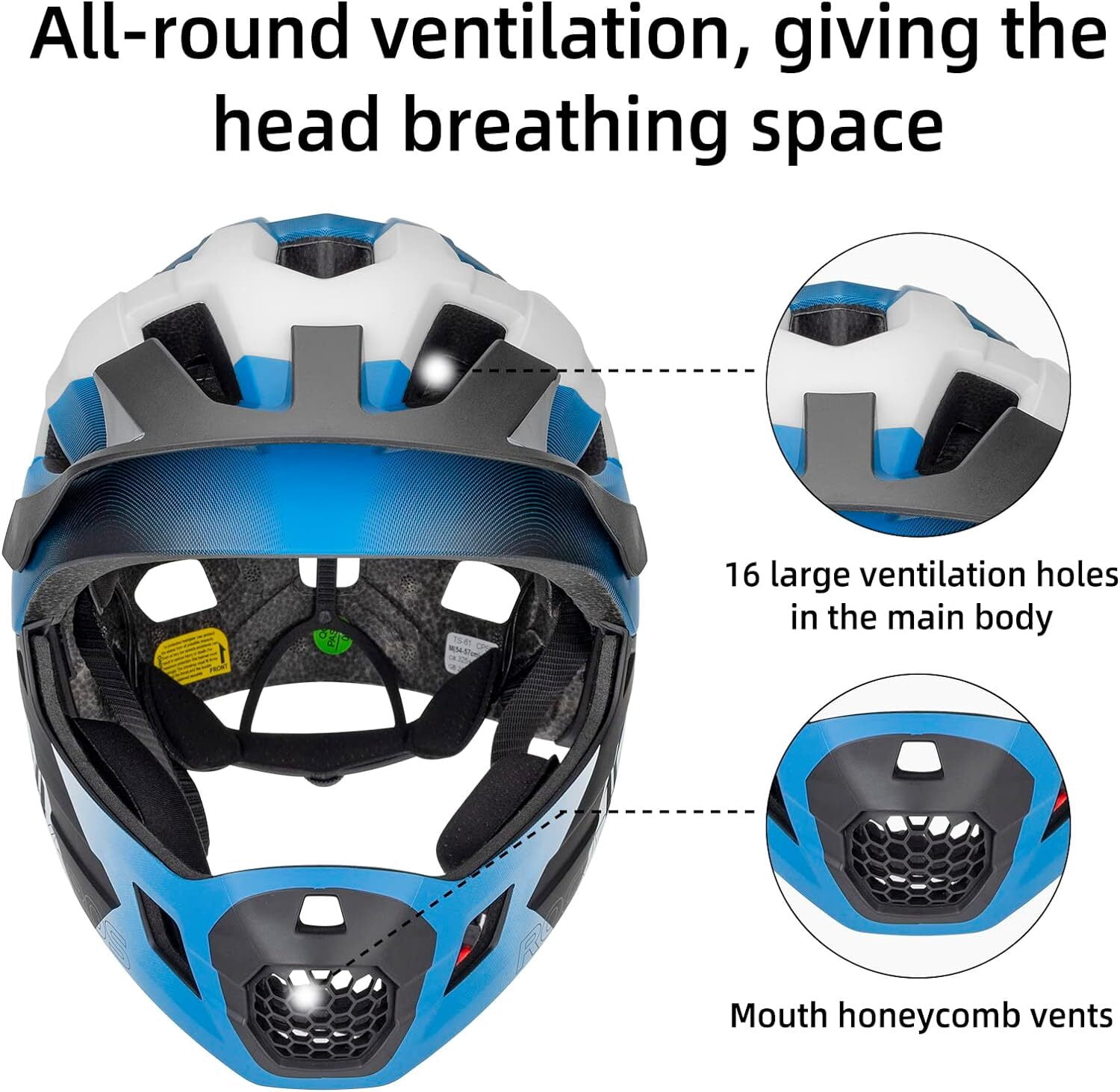 ROCKBROS Bicycle Helmet Kids Helmet Full Face Safety Helmet Removable Helmet Chin All-Round Ventilation Holes with Adjustable Brim for Kids Age 5-12