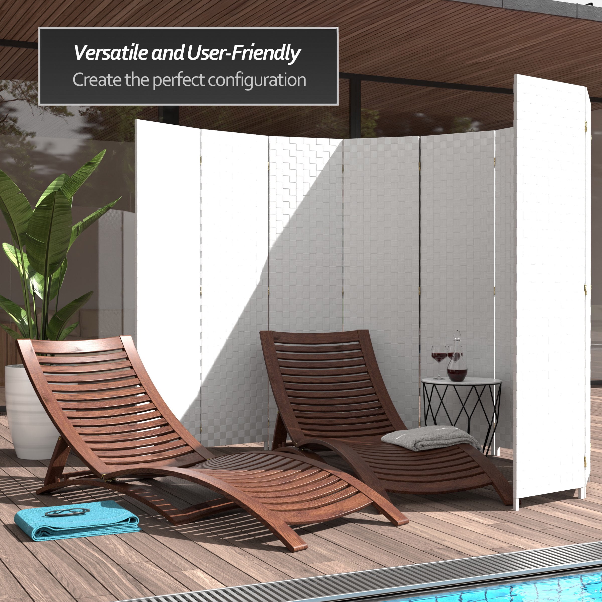 Red Lantern 6 ft. Tall Woven Fiber Outdoor All Weather Room Divider - 6 Panel - White
