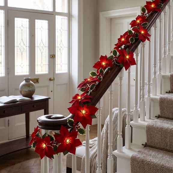 6.56Ft Christmas Poinsettia Flowers Garland Decorations Artificial Poinsettia Flower String LED Lighted Red Poinsettia Garland with Holly Leaves Red Berries Artificial Flower Xmas String Lights