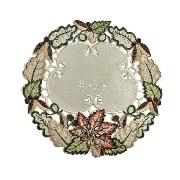 Doily Boutique Round Doily with Fall Maple Leaves on Ivory Fabric Size 7 inches