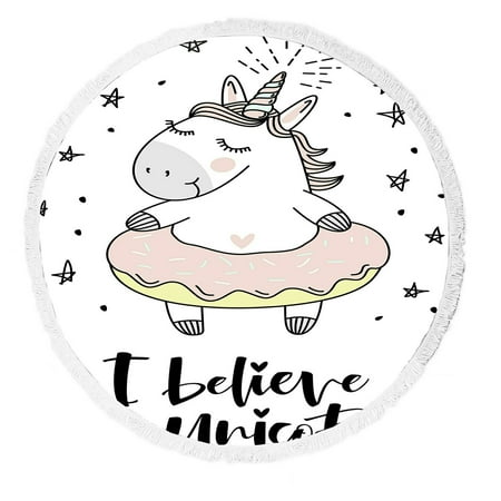 ABPHQTO Unicorn Round Beach Blanket with Tassels Beach Throw Towel Yoga Mat Picnic Blanket