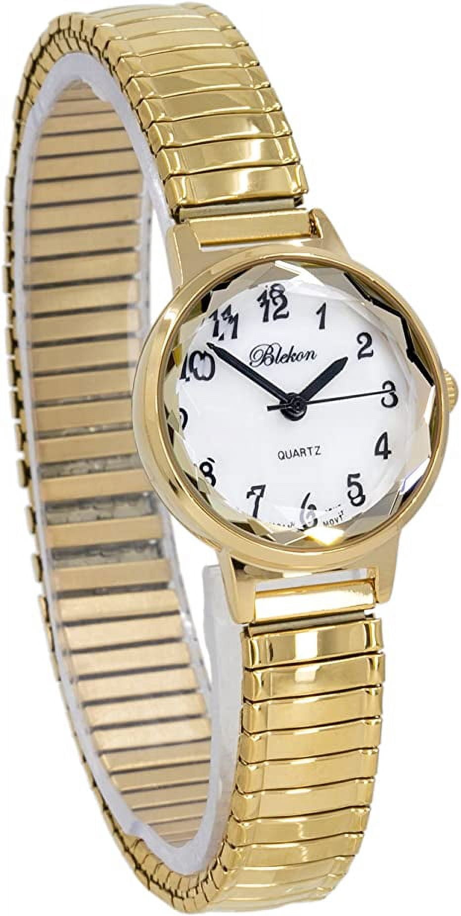 Blekon Collections Women's 25mm Analog Display Case Cut Crystal Mother of Pearl Dial Slim Metal Stretch Expansion Band Ladies Wrist Watch