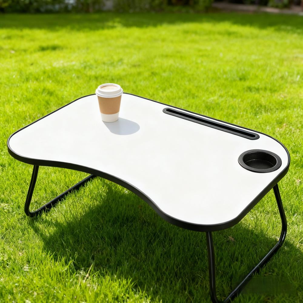 Xilee Foldable Laptop Table, Portable Lap Desk Bed Table Tray Gray and White Matte Metal and Wood Construction, Foldable Design with Cup Holder,for Working Writing Reading & Eating