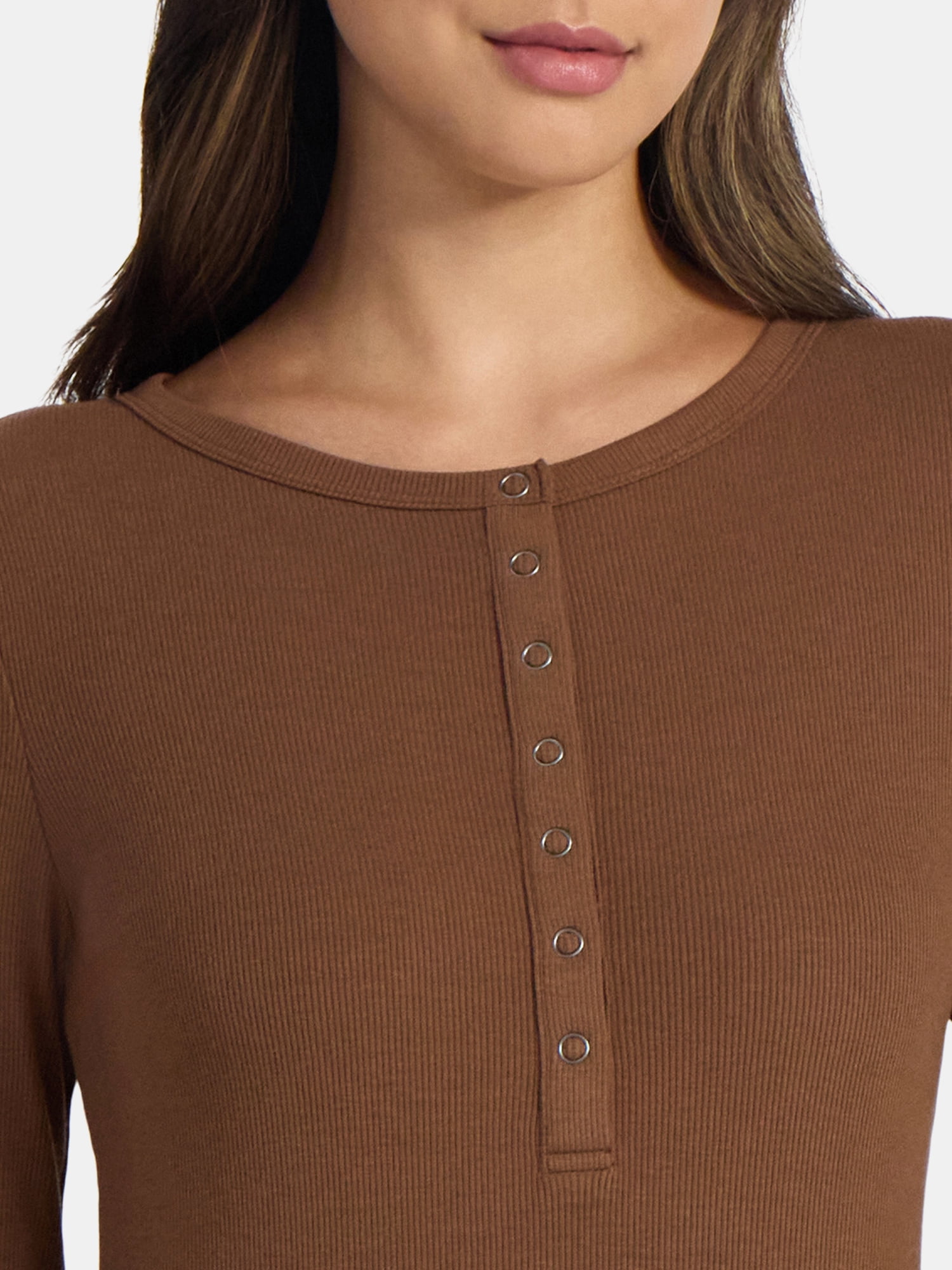 Time and Tru Women's Ribbed Henley Shirt with Long Sleeves, Sizes XS-XXXL