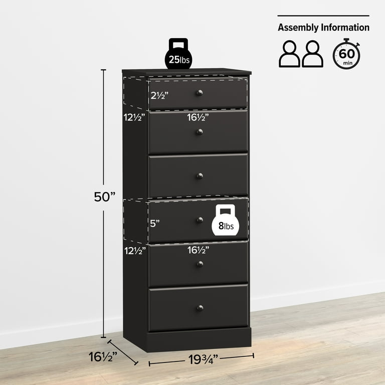 Prepac Astrid Tall 6-Drawer Dresser, Skinny Black Wood, Ample Storage:  16""D x 20""W x 52""H" - Walmart.com