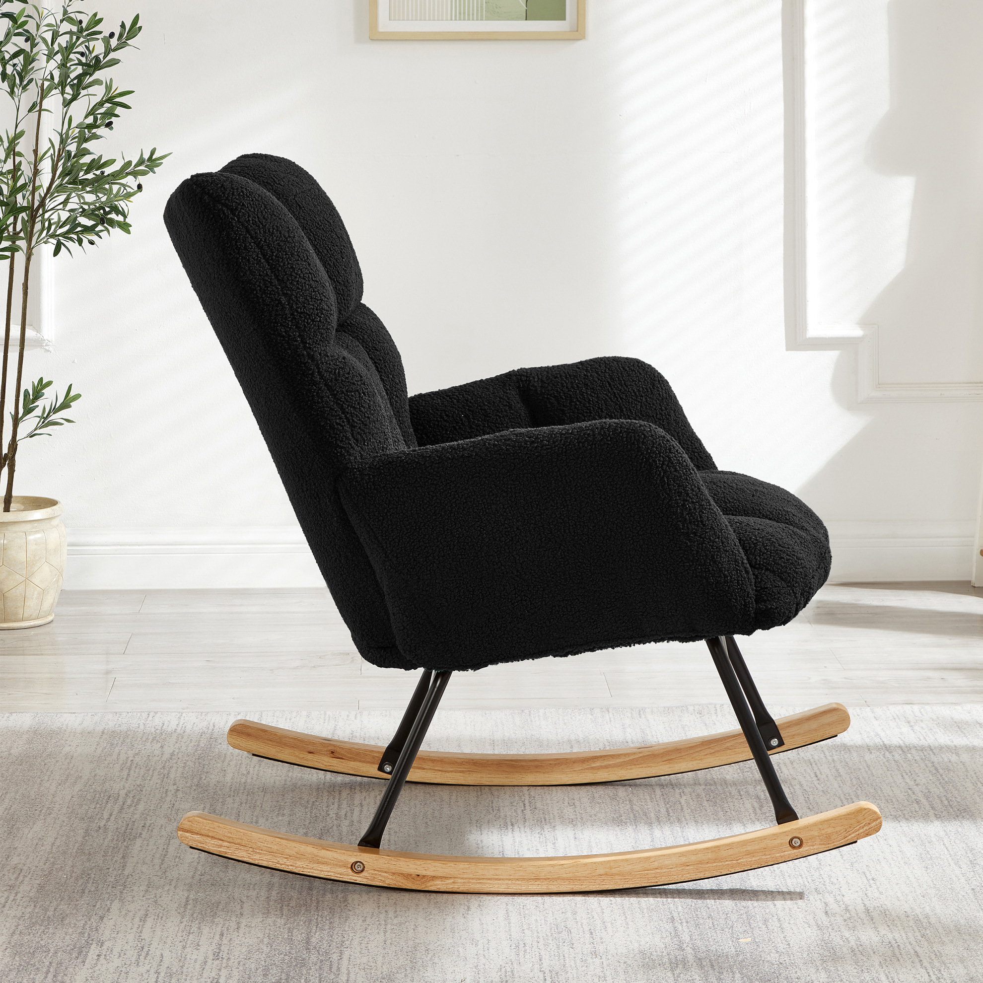 Nursery Rocking Chair Teddy Upholstered Glider Rocker Rocking Accent Chair Padded Seat with High Backrest Armchair Comfy Side Chair for Living Room Bedroom Offices, Black Teddy